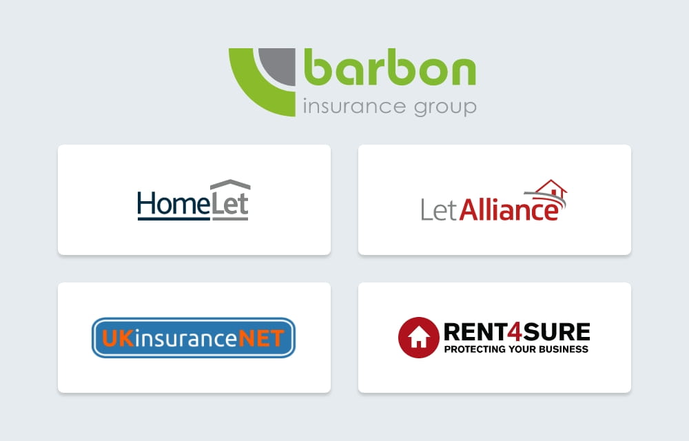 We're part of Barbon Insurance Group. This image shows the logos for Barbon, HomeLet, LetAlliance, UKInsurance.net and Rent4Sure.