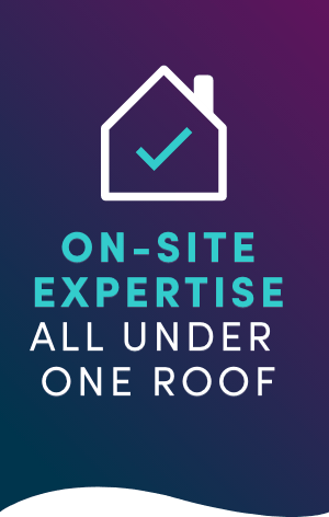 This image displays an icon of a house outlined in white with the text 'On-site expertise all under one roof.' All displayed on a blue and pink gradiented background.