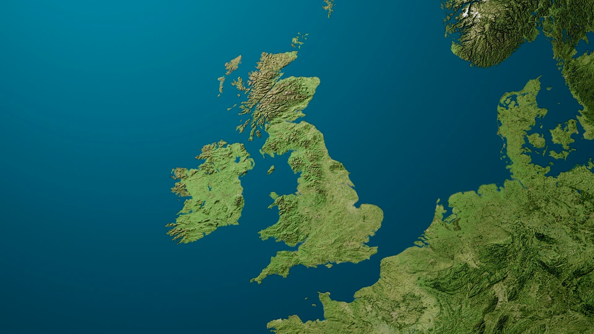 An aerial view of the United Kingdom, with Ireland to the left of it.