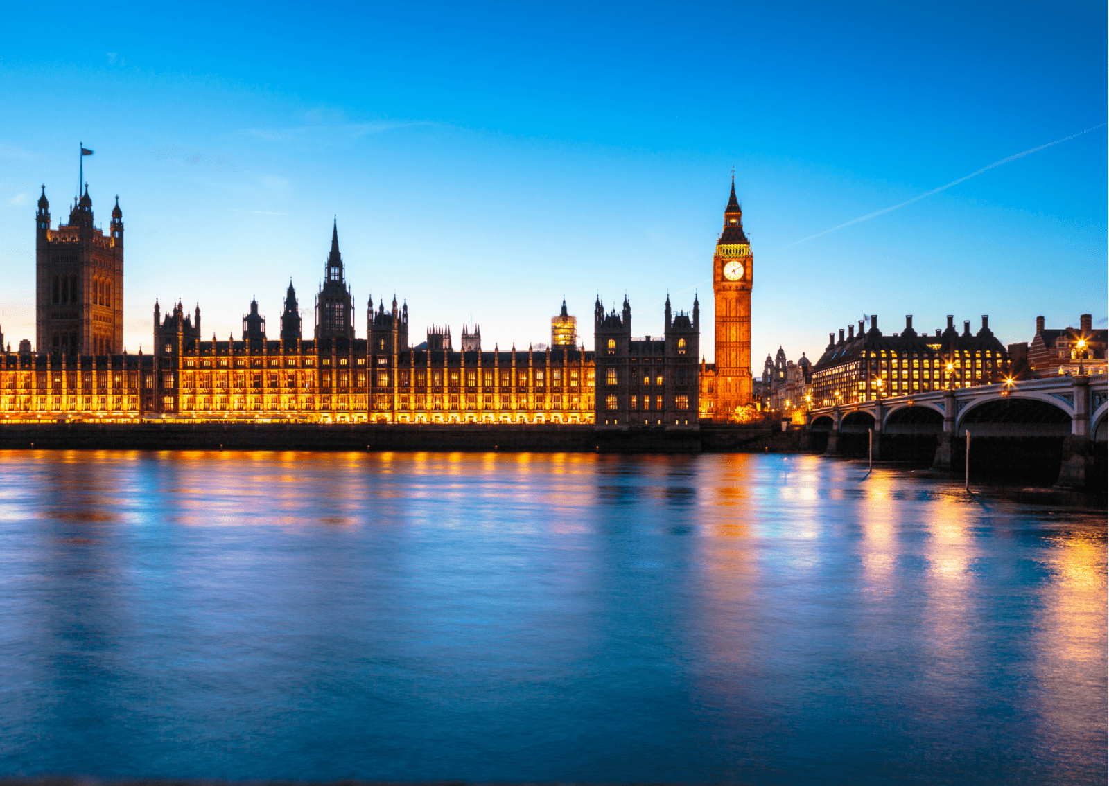 A photograph of the Houses of parliament from across the river.